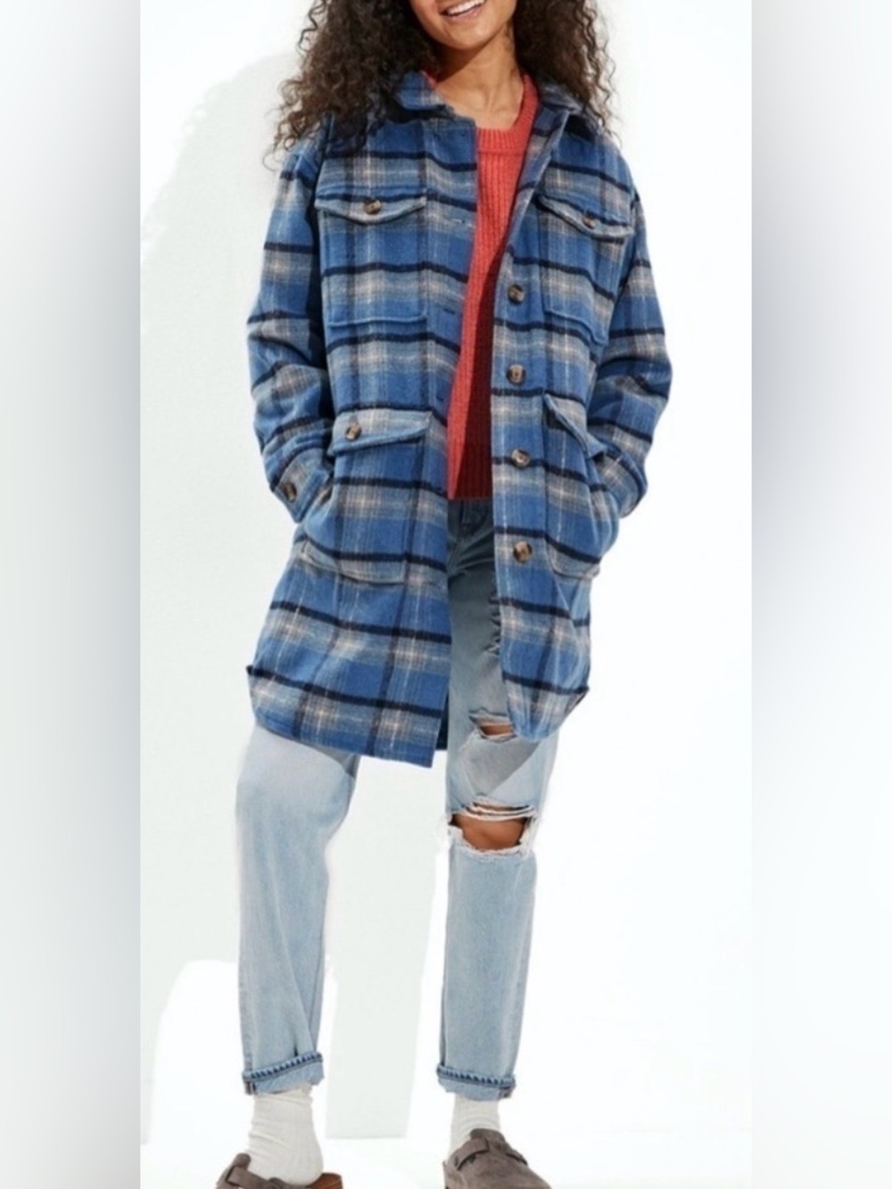 American Eagle Oversized Brushed Plaid Blue Plaid Shacket Jacket Womens Size L